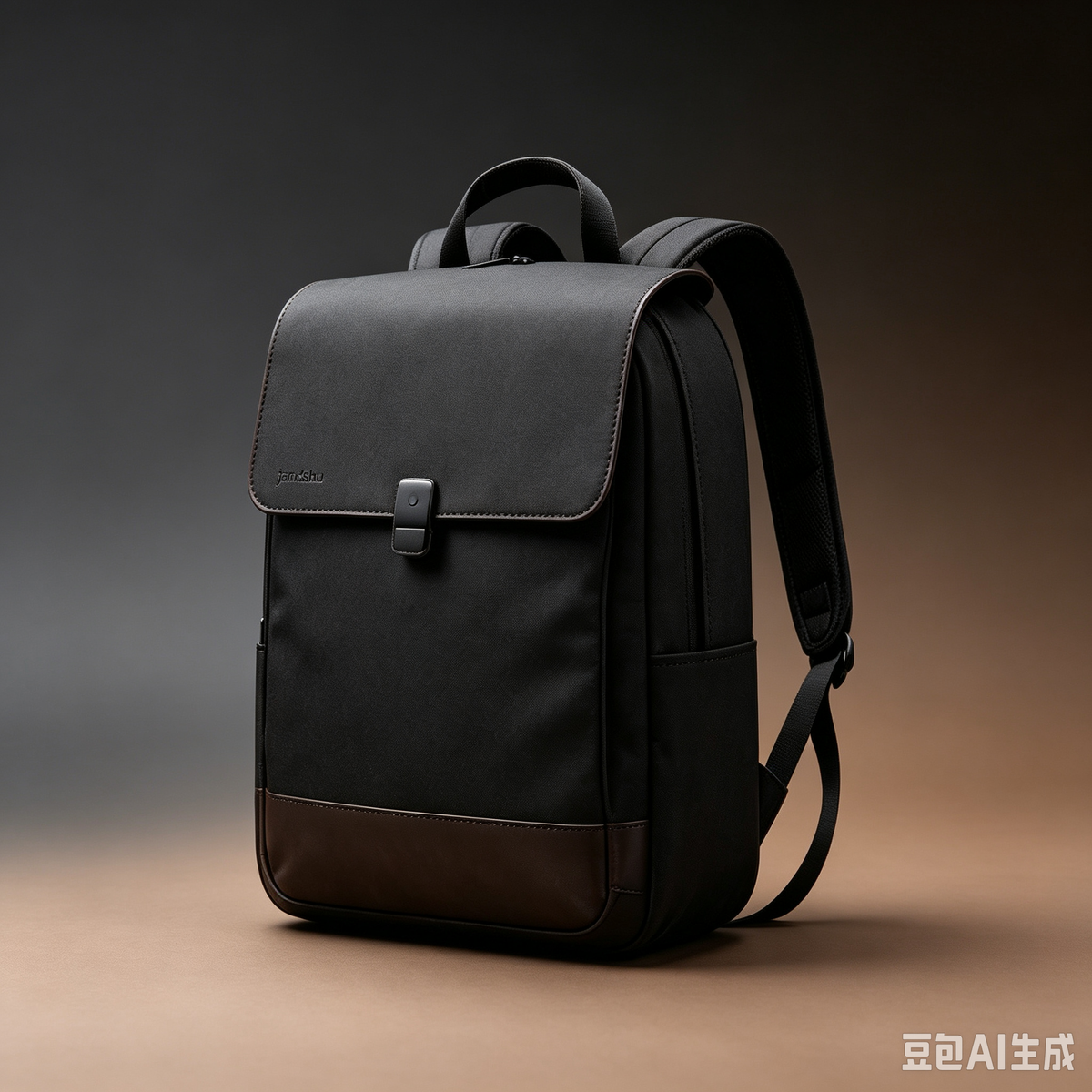 Jandshu Premium Flap Business Backpack, Black Coffee Leather Trim Laptop Rucksack